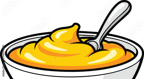 Close up of a bowl of creamy yellow sauce with a silver spoon inside on a white background studio shot