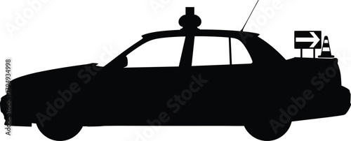 Black silhouette of a taxi cab with traffic cone and sign, taxi, cab, car, vehicle, silhouette, black, white background, traffic cone, road sign, arrow sign, transportation, urban, city, service, tran