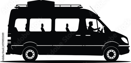Black silhouette of a van with passengers and driver, van, silhouette, black, white, vehicle, transport, transportation, travel, journey, road trip, passengers, driver, interior, seats, windows, roof 