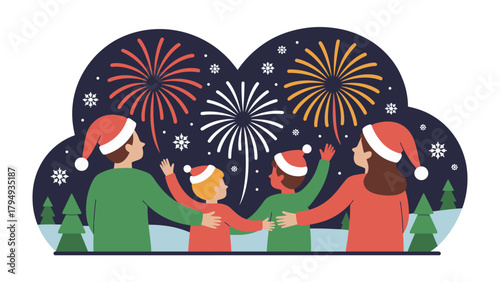 Joyful Christmas Family with Fireworks: A heartwarming Christmas scene shows a family of four, adorned in festive hats and attire.