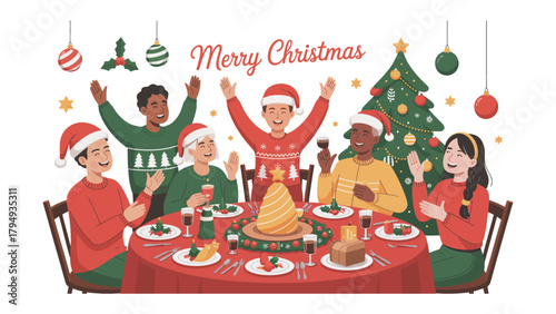Festive Feast: Illustration of a joyous Christmas celebration with friends and family gathered around a table laden with holiday treats, capturing the warmth and spirit of the season.