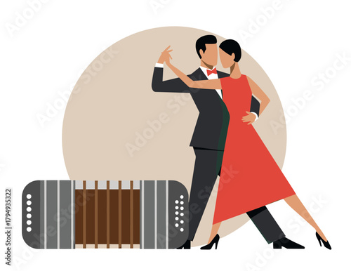 Illustration of couple dancing tango with bandoneon on white background — ideal for tango, Argentinian music and cultural content.