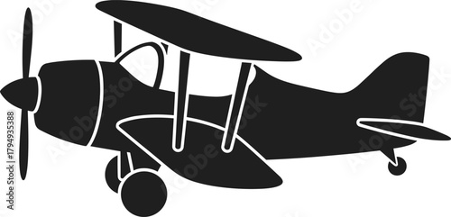 Black silhouette of a vintage biplane airplane aircraft, biplane, airplane, aircraft, vintage, retro, silhouette, black, white, isolated, transportation, travel, aviation, propeller, wings, tail, whee