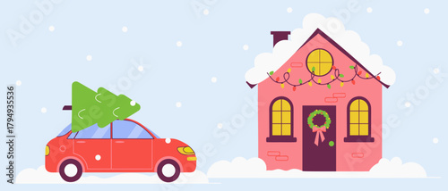 to prepare for Christmas. A red car carries a Christmas tree on the roof. winter weather. a cozy house. vector