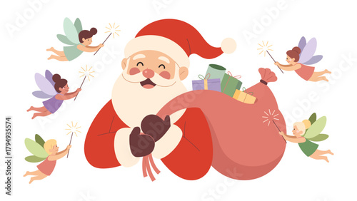 Magical Holiday Scene: Santa Claus and his pixie companions spread cheer, offering gifts, capturing the enchanting spirit of Christmas.