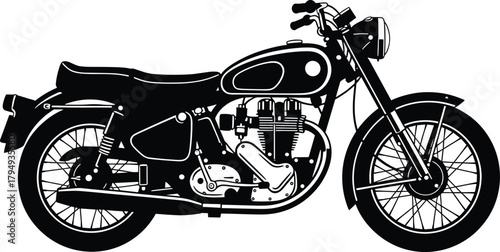 Black silhouette of a vintage motorcycle with detailed engine, motorcycle, motorbike, vintage, retro, classic, silhouette, black and white, engine, wheels, spokes, handlebars, seat, exhaust, chrome, d