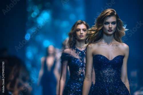 Group of women are walking down a runway in blue dresses. The dresses are sparkly and the women are wearing earrings. Scene is elegant and glamorous