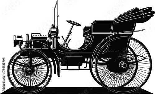 Black silhouette of an antique automobile with spoked wheels, antique car, vintage car, automobile, vehicle, transportation, classic car, retro, old car, black and white, silhouette, graphic, illustra