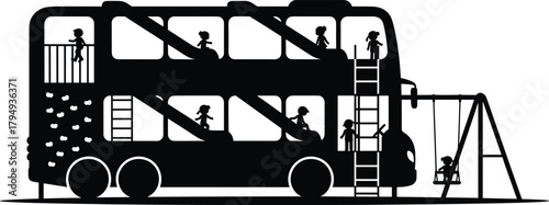 Black silhouette of double decker bus with children playing on slides and swings, bus, double decker, children, kids, playing, playground, slide, swing, silhouette, black and white, graphic, vector, t