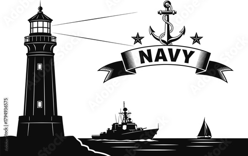 Black silhouette of lighthouse anchor and navy ship on white, navy, ship, lighthouse, anchor, sailing, boat, sea, ocean, water, maritime, nautical, marine, coast, guidance, safety, protection, militar