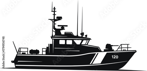 Black silhouette of patrol boat with number 120 white, boat, silhouette, black, white, patrol boat, coast guard, navy, maritime, vessel, ship, watercraft, transportation, military, speed boat, motorbo