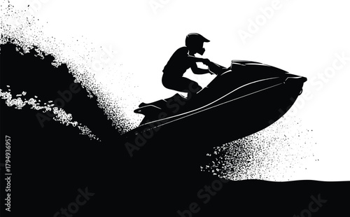 Black silhouette of person riding jet ski splashing water, jet ski, watercraft, silhouette, black and white, splashing water, water spray, action, speed, extreme sport, recreation, summer, vacation, o
