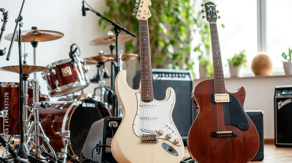 Fototapeta premium Beautiful setup featuring electric and acoustic guitars in music studio, surrounded by drums and amplifiers, creating vibrant atmosphere
