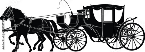 Black silhouette of two horses pulling a carriage transportation, horse, carriage, transportation, vehicle, animal, black and white, silhouette, drawing, illustration, vintage, retro, historical, anti
