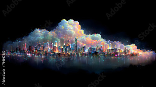 Neon Skyline of Futuristic City Under Holographic Night Clouds