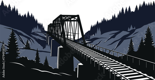 Dark Train Bridge Over Forested Ravine Vector Art railway bridge, railway bridge, train tracks, ravine, forest, trees, pine trees, mountains, landscape, dark blue, black, white, silhouette, industrial