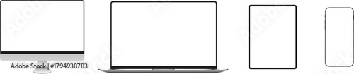 Device Mockup Collection - Desktop Monitor, Laptop, Tablet, and Smartphone Front Views on Transparent Background