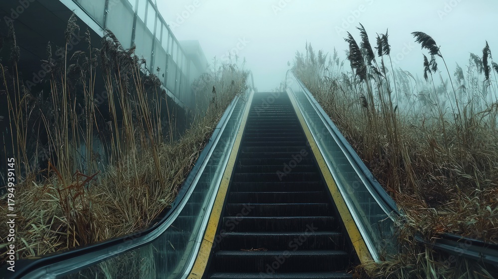Fototapeta premium Overgrown Escalator in Dense Fog