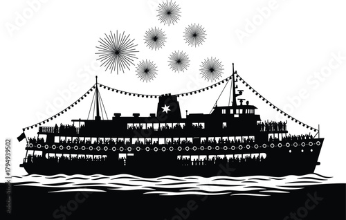 Silhouette of a crowded ferry boat with fireworks ship, ferry boat, boat, ship, water, waves, silhouette, black and white, crowd, people, passengers, deck, railing, lights, string lights, fireworks, c