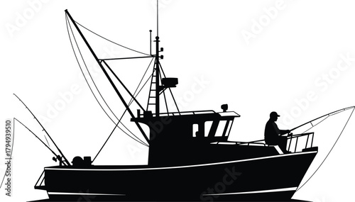 Silhouette fishing boat with person fishing at sea, fishing boat, silhouette, fishing, sea, ocean, water, boat, vessel, ship, recreation, hobby, leisure, activity, person, man, angler, rod, reel, tack