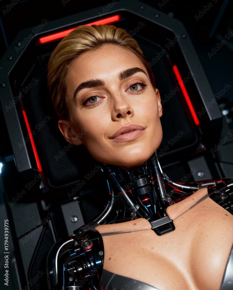 Female Android or robot woman on Lab Table – Cinematic Sci-Fi Close-Up