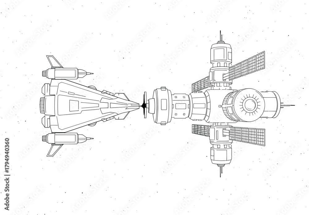 Obraz premium Space station and spaceship docked in black and white line art, space station, spaceship, docked, spacecraft, satellite, solar panels, futuristic, science fiction, outer space, cosmos, stars, galaxy, 