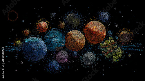 Pixelated planet drawings arranged in a cosmic sketchbook
