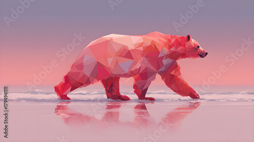 Polygonal Red-Pink Bear Walking Across a White Plane