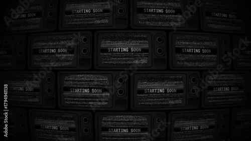 Black and white tvs displaying starting soon for events, websites, videos. Perfect for countdowns, announcements, waiting rooms, and retrothemed designs.