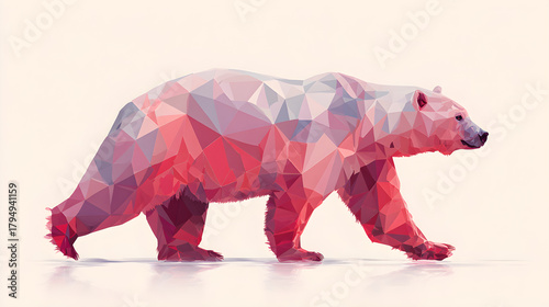 Polygonal Red-Pink Bear Walking Across a White Plane