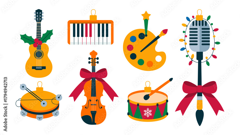Fototapeta premium Holiday Musical Ornaments: An array of festive ornaments showcases a guitar, piano keys, a palette, a microphone, a tambourine, a violin, and a drum, each celebrating the holiday spirit