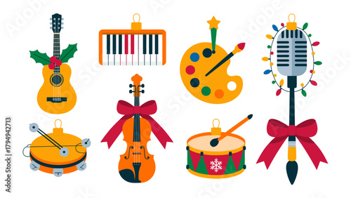 Holiday Musical Ornaments: An array of festive ornaments showcases a guitar, piano keys, a palette, a microphone, a tambourine, a violin, and a drum, each celebrating the holiday spirit