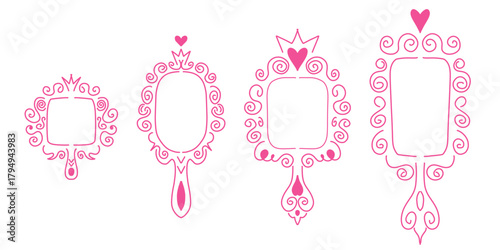 Princess mirror frame set. Hand drawn pink doodle frame princess mirror. Border photo cute baby queen decoration. Stock vector illustration isolated on white background.