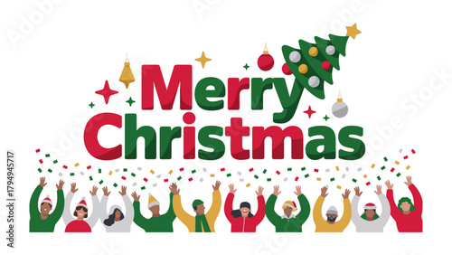 Festive Greetings: An inclusive group raises their hands beneath a colorful display, the words Merry Christmas shining joyfully above, celebrating the spirit of the season.