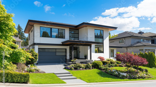 Wallpaper Mural Modern house exterior with landscaped garden, bright blue sky, and vibrant greenery. design features large windows and sleek facade Torontodigital.ca