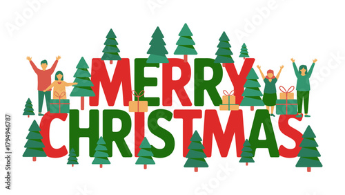 Joyful Christmas Greeting: A vibrant composition of Merry Christmas letters intertwined with festive elements, a cheerful holiday message to spread joy and warmth. 