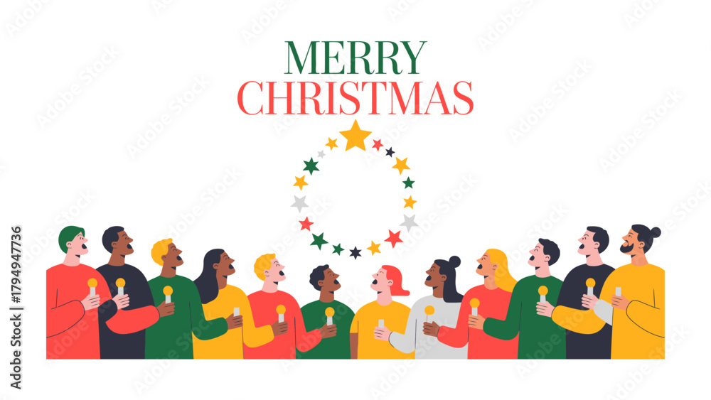 Fototapeta premium Christmas Cheer: A diverse group of individuals gather to celebrate the festive season. The scene is filled with harmony and togetherness as they embrace the Christmas spirit. 