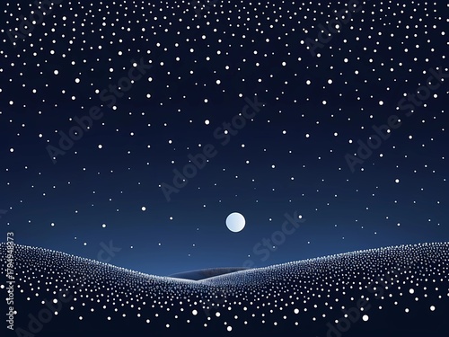 A minimalist abstract depiction of a winter's night, where snow is rendered as thousands of tiny, glowing orbs of varying sizes, suspended in a deep, indigo void