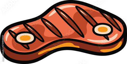 Grilled Beef Steak With Grill Marks And Two Egg Yolks Isolated On White Background