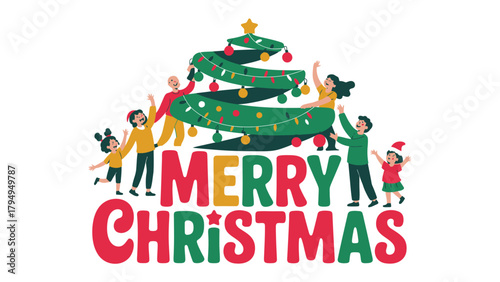 Photography Festive Family Christmas Celebration: A joyful family adorns a whimsical Christmas tree with vibrant decorations, filled with the warmth of the holiday spirit