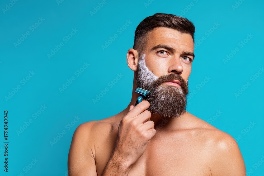 Fototapeta premium Attractive young man shaving alone murmuring something