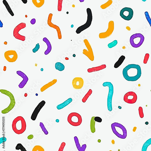 Colorful crayon style abstract confetti seamless pattern with squiggle shapes and irregular circles on white background for creative design