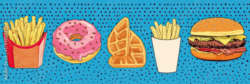 Colorful pop art style vector illustration featuring 40s retro fast food items including French fries, glazed donut, waffle, cheeseburger with lettuce and tomato on a dotted blue background