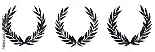 Set of three black laurel wreath silhouettes with symmetrical leaf branches in minimalist flat vector style for awards and achievements design elements