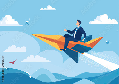 Businessman riding orange and blue paper airplane flying above stylized mountains and clouds concept of leadership success innovation and competitive advantage vector illustration