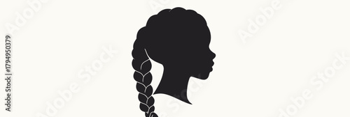 Silhouette profile of female head with long thick braided hairstyle in flat minimalist vector style isolated on light background