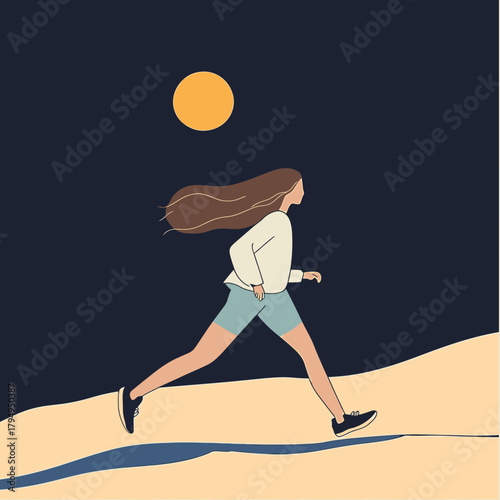 Silhouette of woman running outdoors on sand dune at night with full moon minimalistic vector illustration
