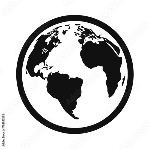 Black and white flat minimalist vector icon of Earth globe showing Americas, Europe, and Africa continents on white background symbolizing global connectivity and geography