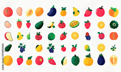 Set of colorful vector fruits icons including watermelon, strawberry, mango, lemon, tomato, avocado, blueberry, peach, papaya, eggplant, berries, and tropical fruits in flat minimalist style