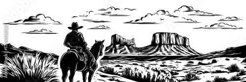 Cowboy on horse overlooking desert landscape with distant mesas and sparse vegetation black and white vector engraving style illustration